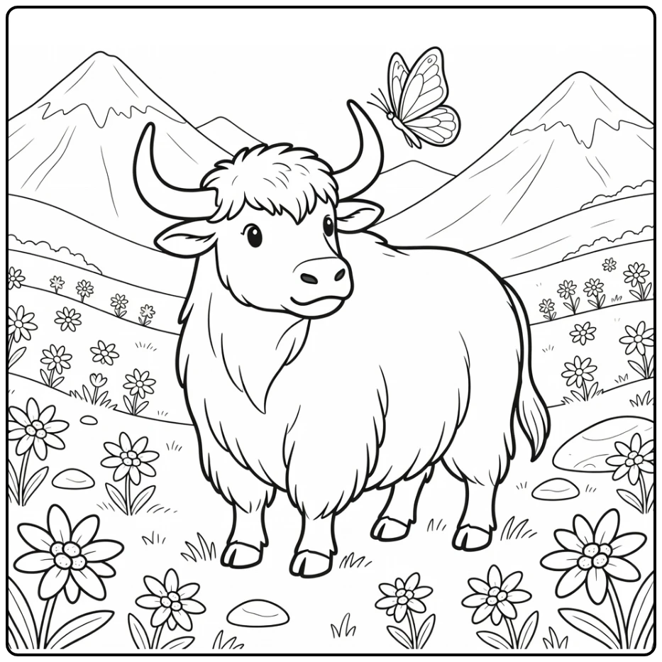 Curious yak with butterfly in alpine meadow yak coloring pages