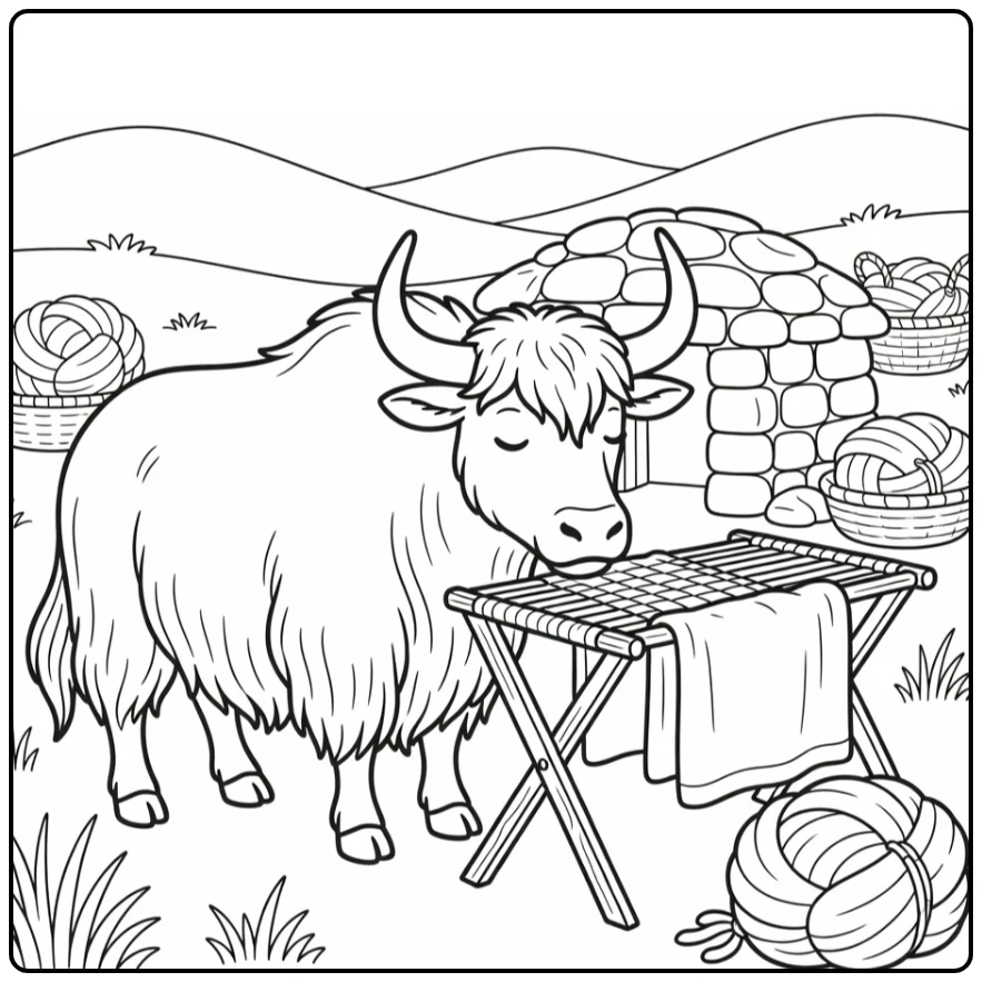 Cute yak sniffing blanket on wool rack near hut, yak coloring pages