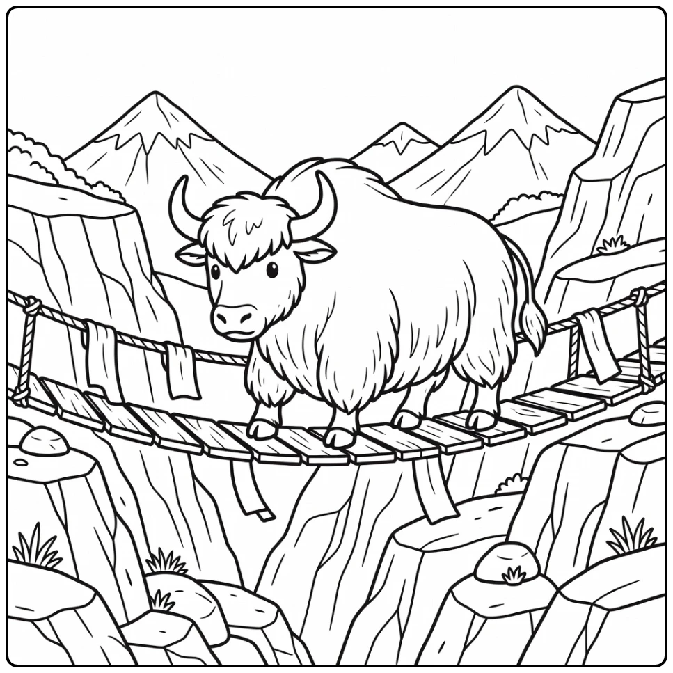 Yak crossing narrow rope bridge over gorge, yak coloring pages