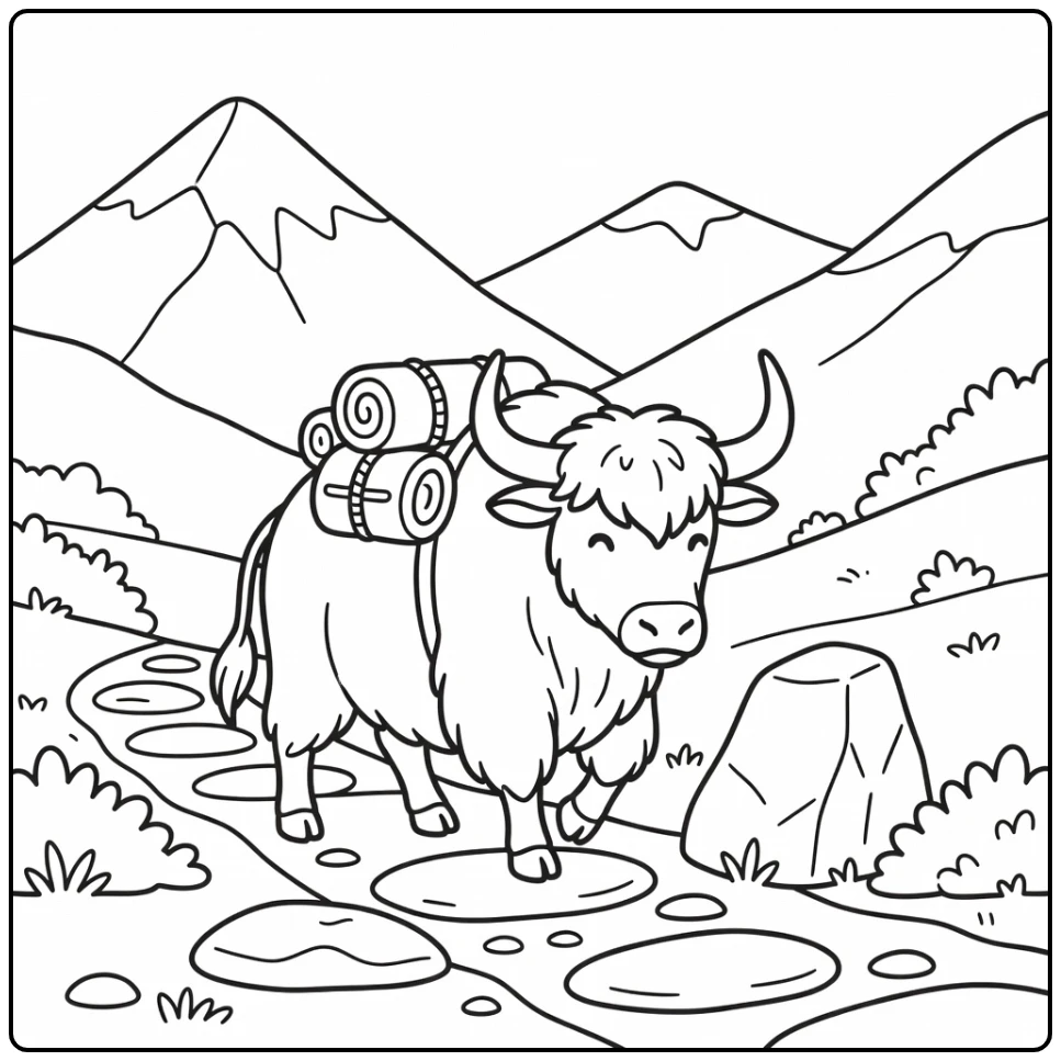 Cute yak with packs on mountain trail, yak coloring pages