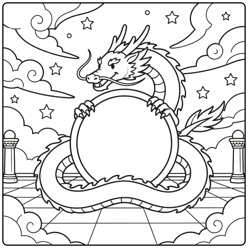 Year of the dragon coloring page: coiled majestic dragon zodiac