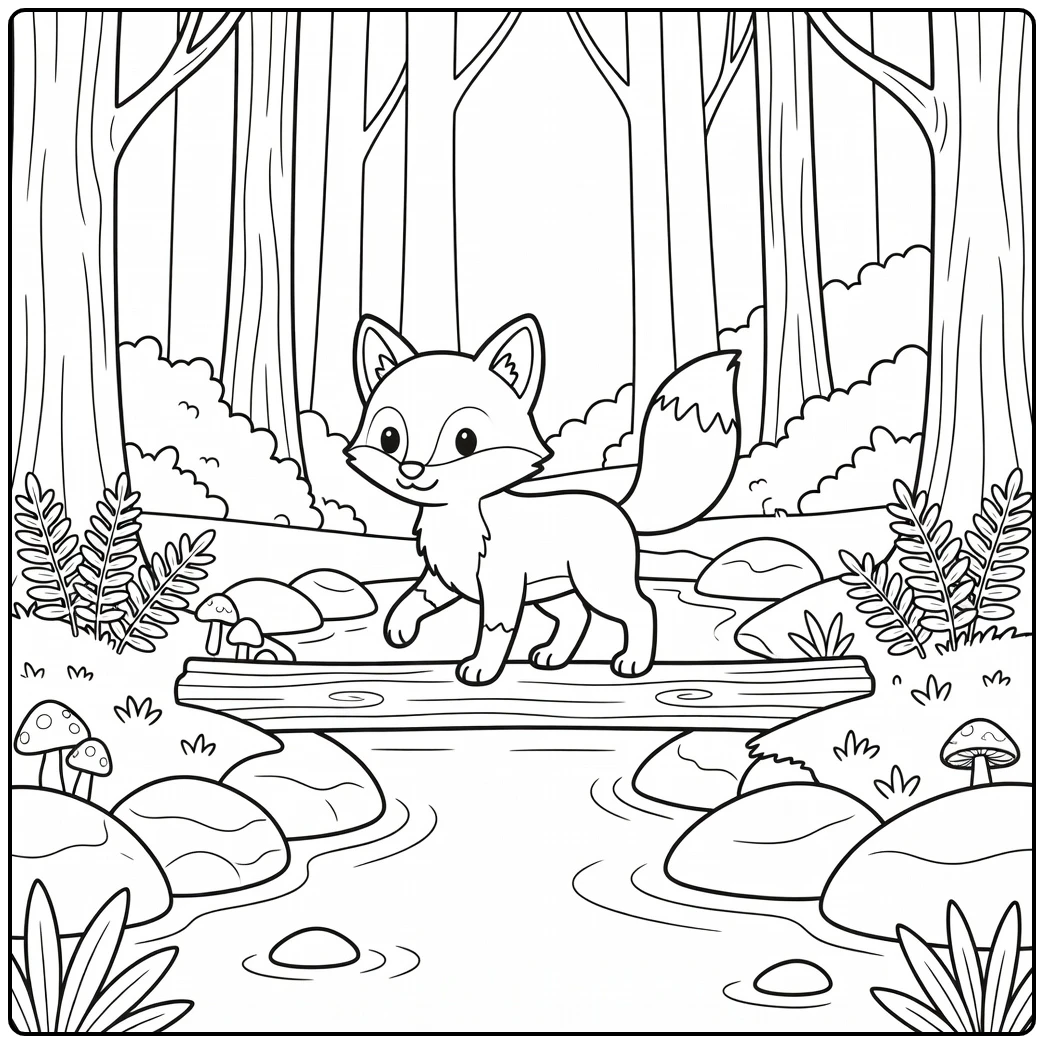 Forest animal coloring page for kids: fox on log bridge
