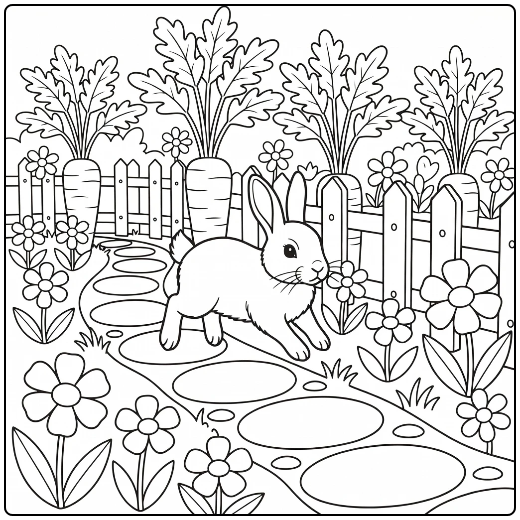 Realistic animal coloring page for kids: rabbit hops garden path