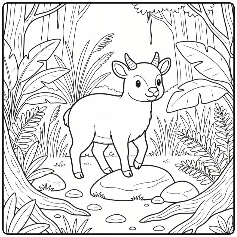 Jungle animal coloring page for kids: serow stepping on rock