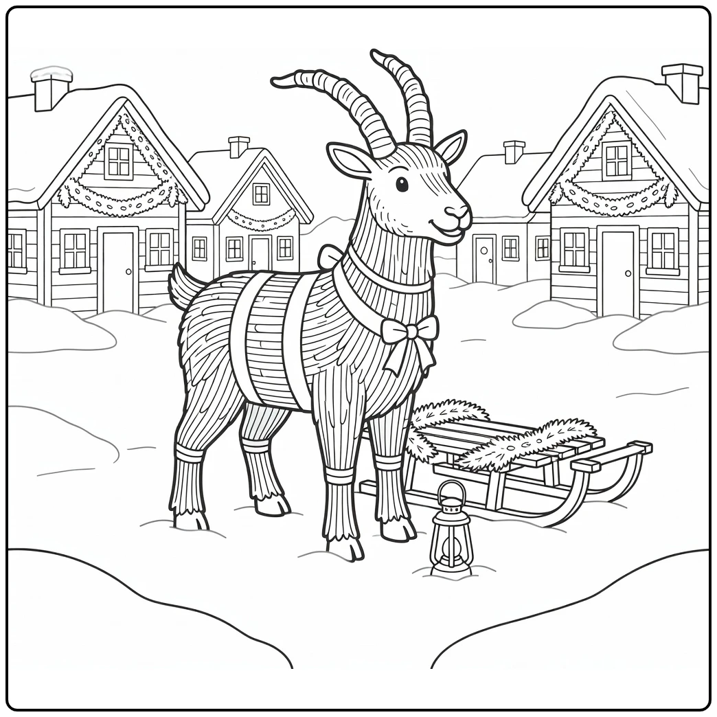 yule Goat coloring page in snowy village square