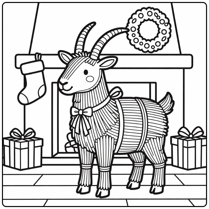 yule Goat coloring page straw goat by fireplace with gifts