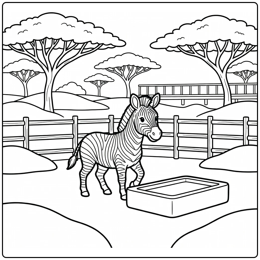 Zebra walking past watering trough in zoo savanna, zoo coloring page