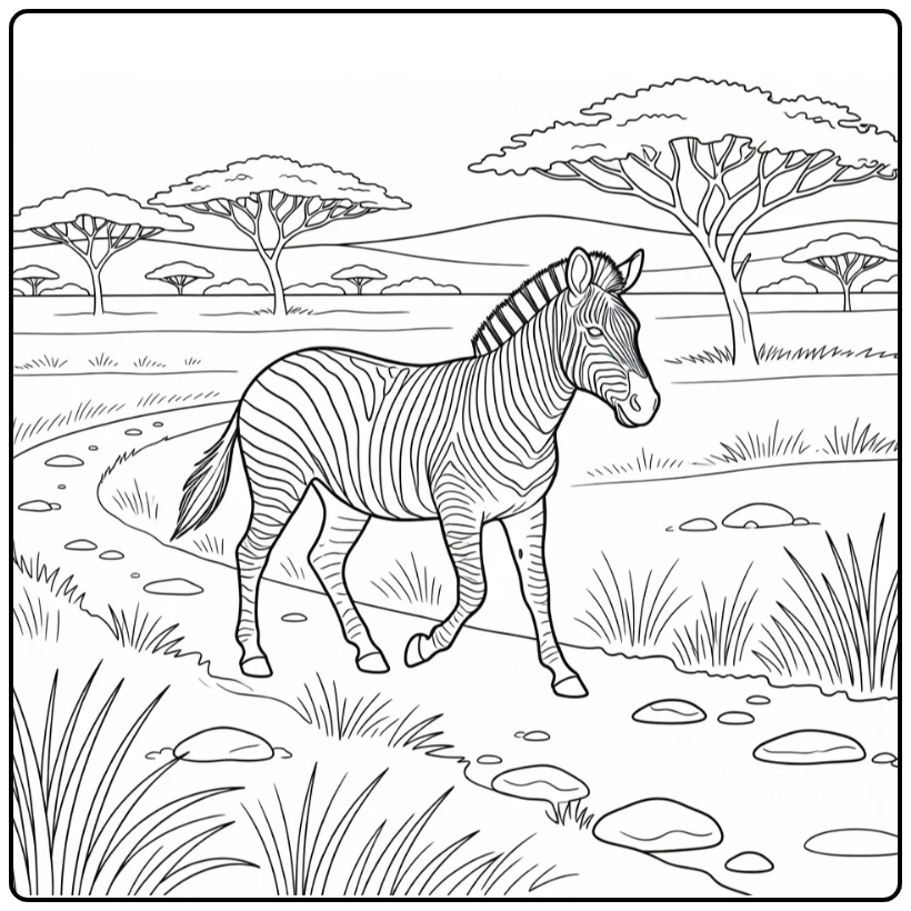Realistic animal coloring page: zebra trotting on savanna trail