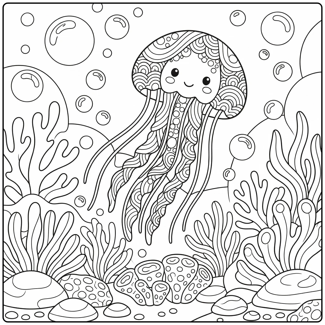Zentangle animal coloring pages: jellyfish with wave patterns over sponges