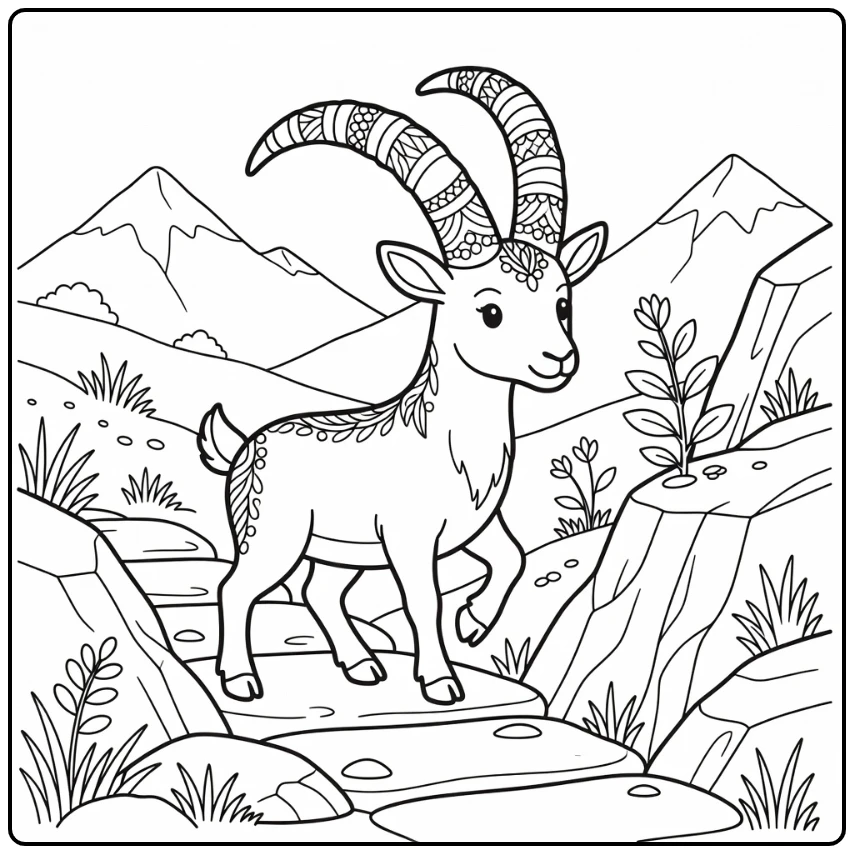 Zentangle animal coloring pages: Ibex on rocky pass