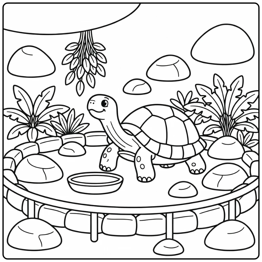 Zoo animals coloring page: giant tortoise reaches for leaves