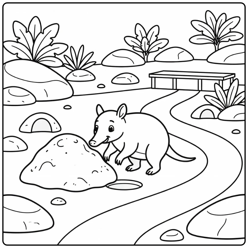 Zoo coloring page for kids: aardvark sniffing termite mound