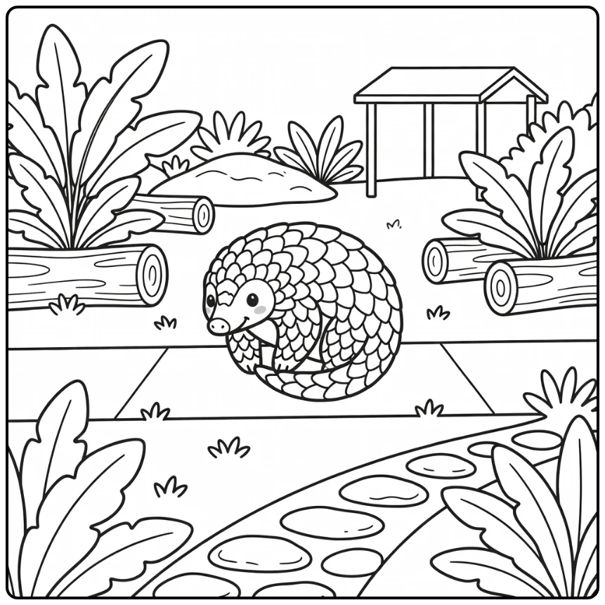 Zoo coloring page for kids: pangolin curling by zoo walkway