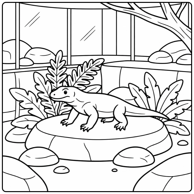 Zoo coloring page for kids: Komodo dragon crawling on rocks