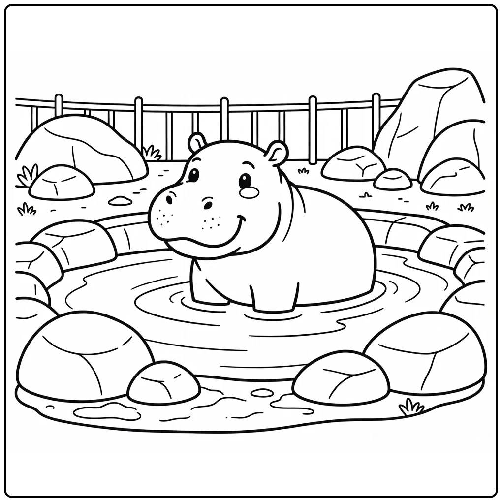 Hippo rising from pool in zoo coloring page