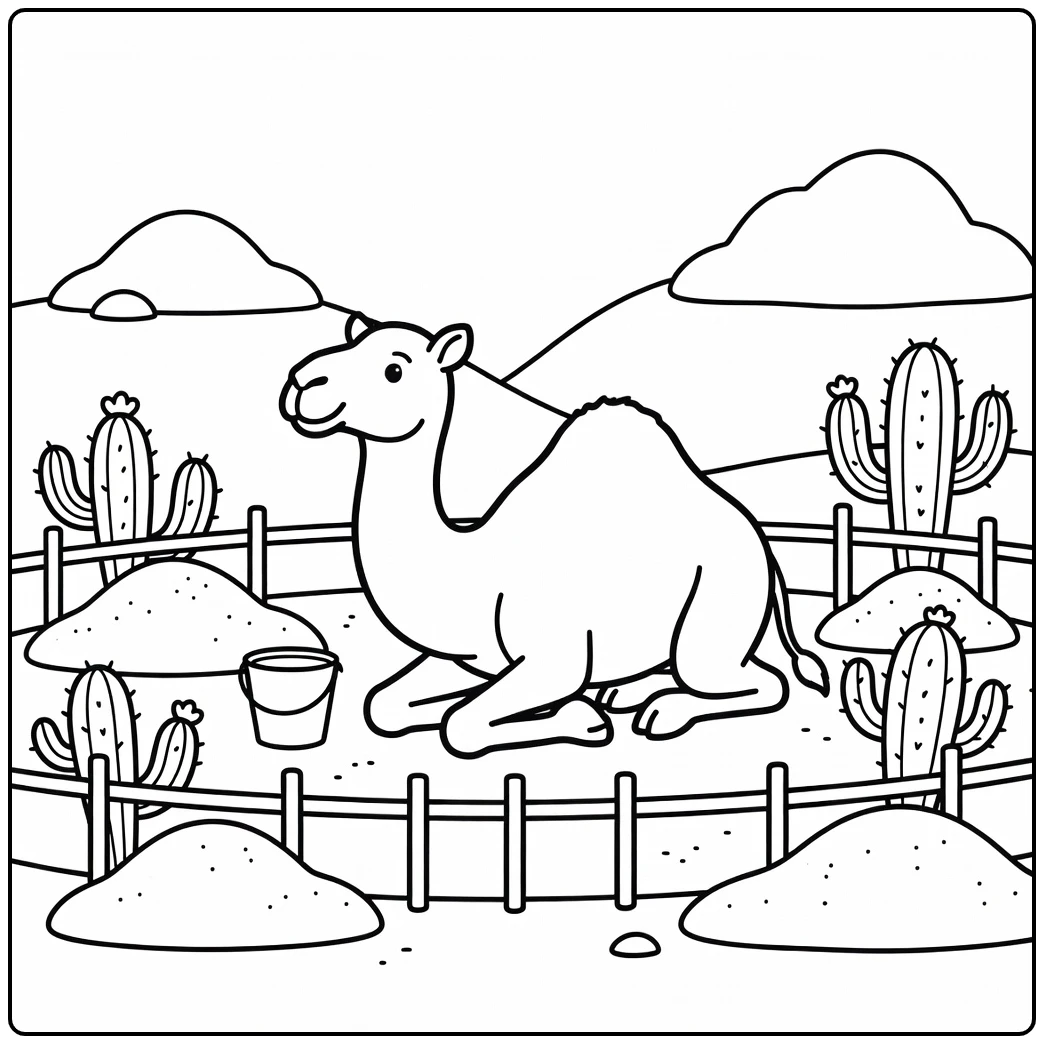 Kneeling camel in zoo desert exhibit zoo coloring page