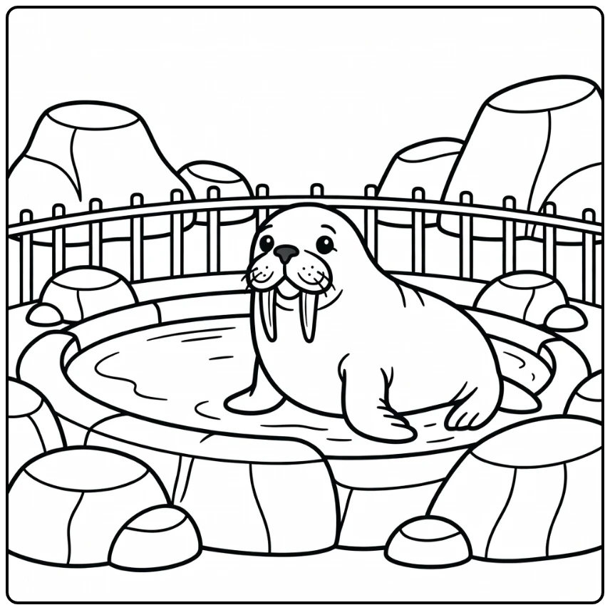 Cute walrus with tusks by icy zoo pool zoo coloring page