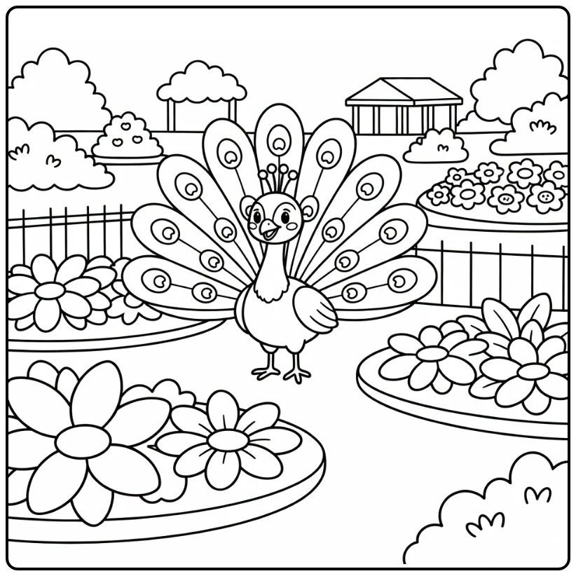 Peacock fanning tail in zoo bird garden zoo coloring page