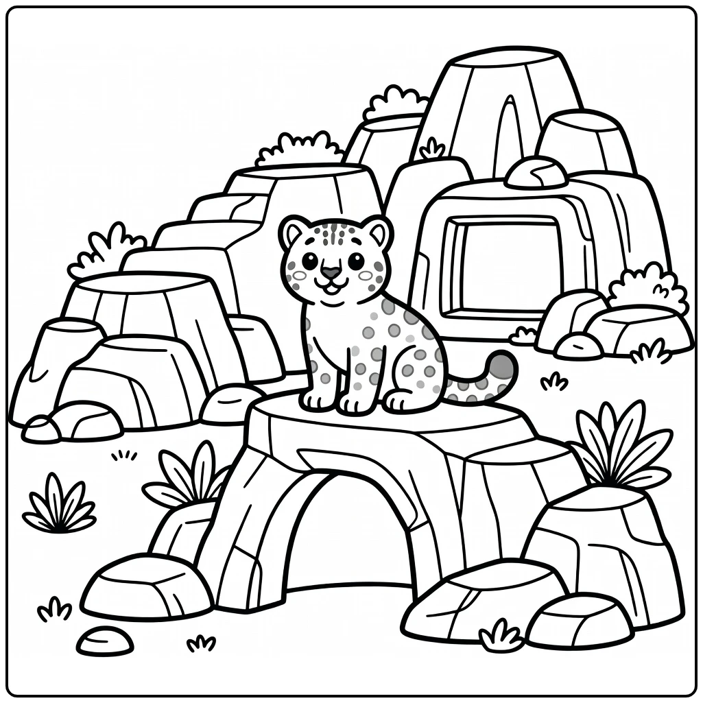 Snow leopard on high rock ledge zoo coloring page