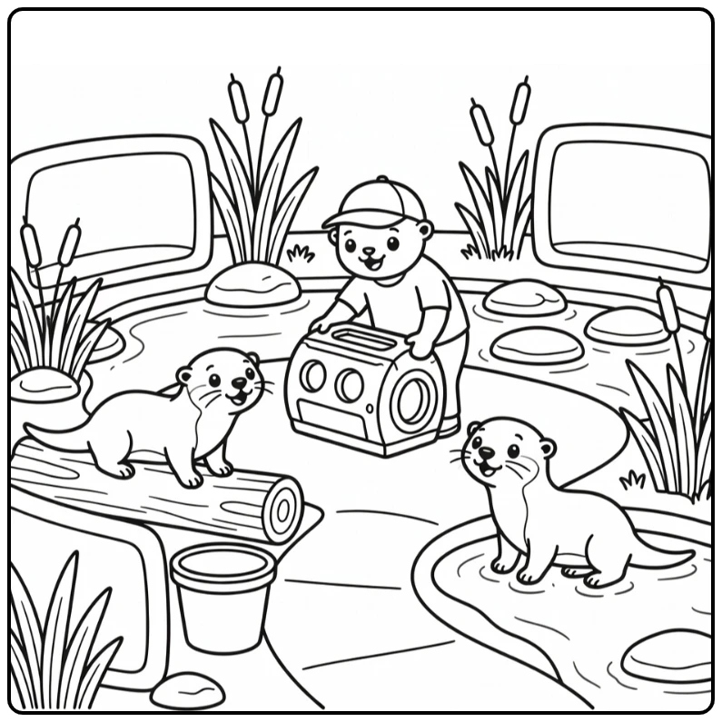 Zookeeper coloring page: barrel feeder for curious otters
