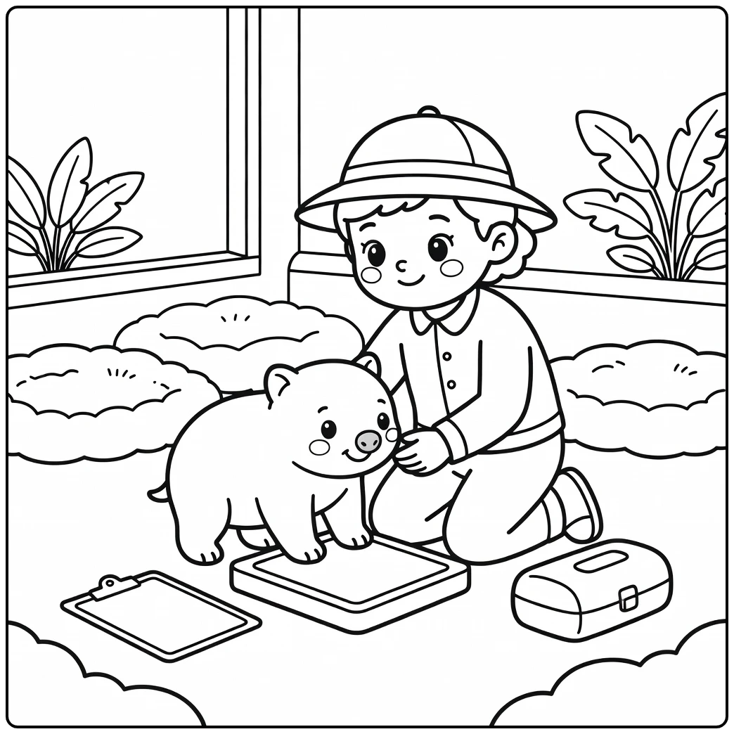 Zookeeper coloring page: kneeling zookeeper with wombat on scale