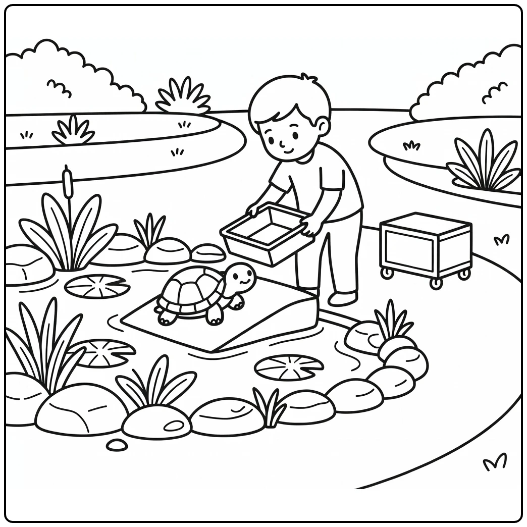 Zookeeper releasing rescued turtle into pond zookeeper coloring page