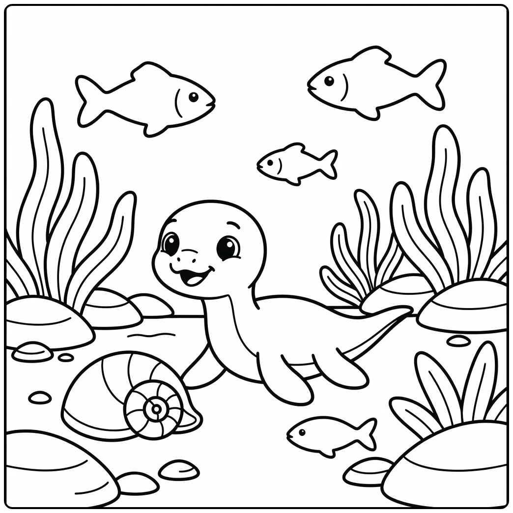 baby dinosaur coloring page of Mosasaurus on seafloor
