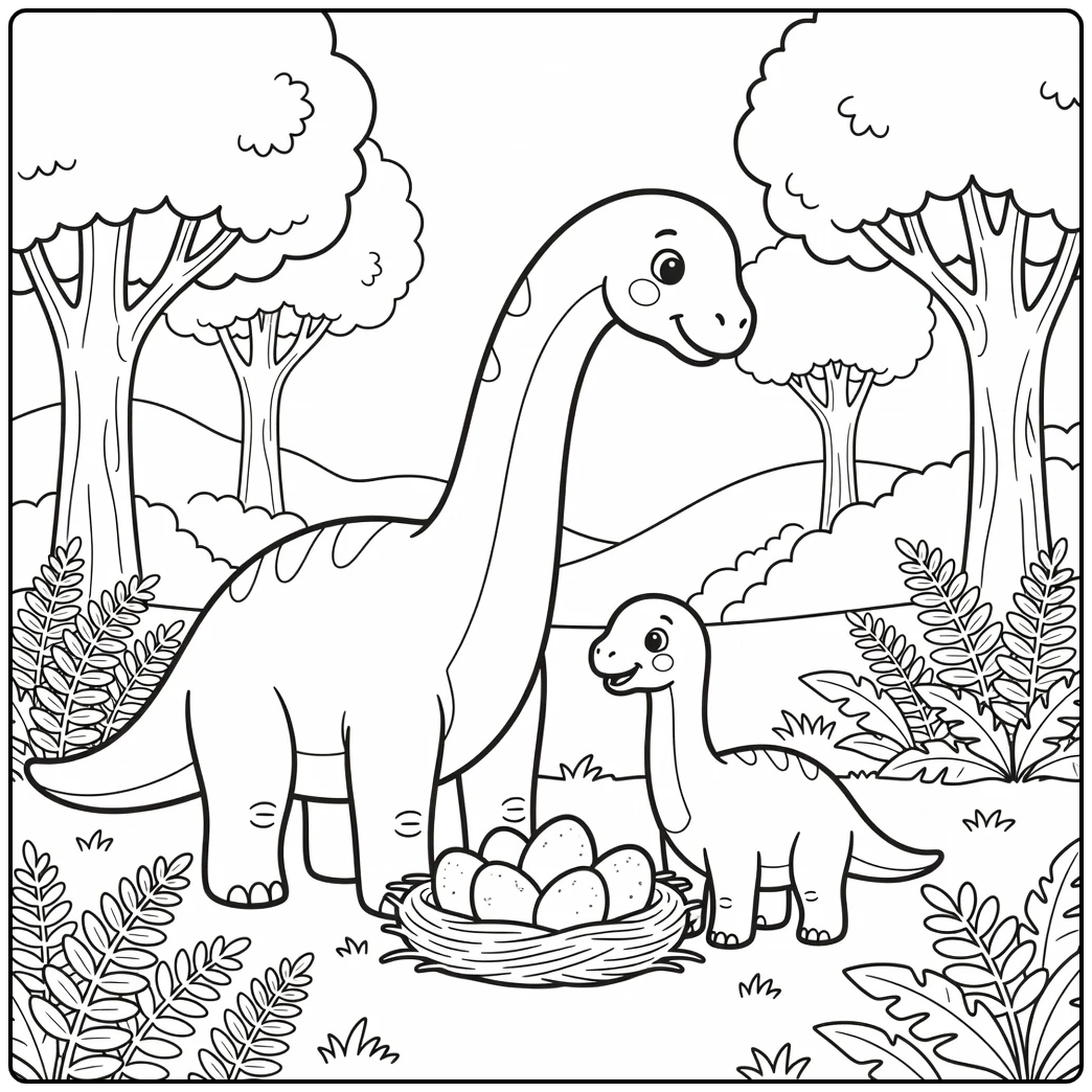Brachiosaurus coloring page of mother and calf by nest