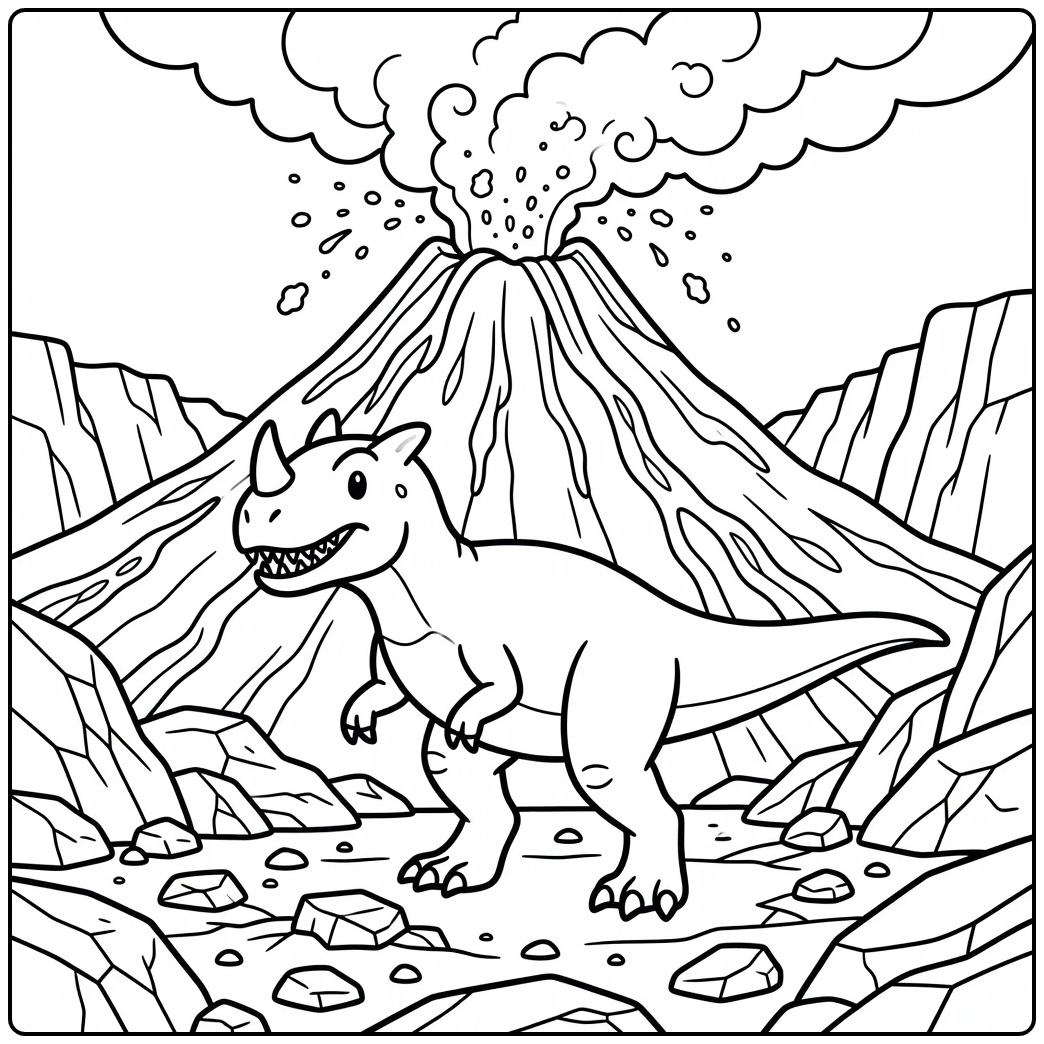 dinosaur volcano coloring page with Ceratosaurus near volcano
