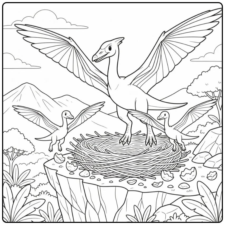 Quetzalcoatlus dinosaur family coloring page near cliff nest
