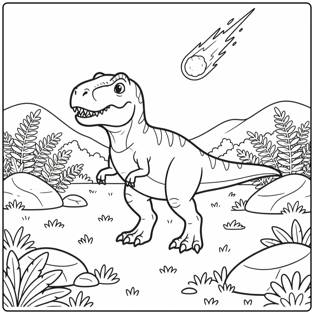 t rex dinosaur coloring page of T-Rex and falling meteor