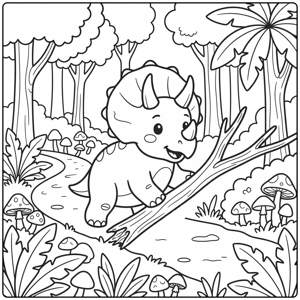 triceratops coloring page dinosaur pushing branch in forest