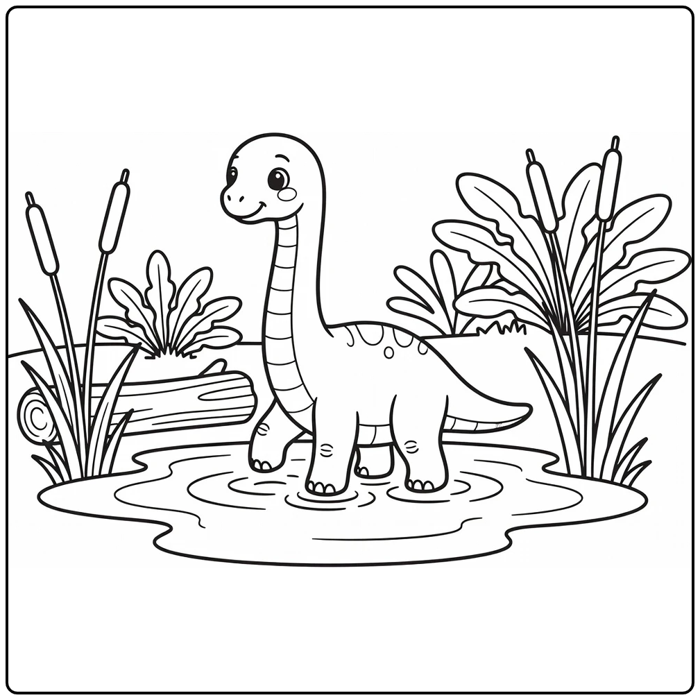 baby brachiosaurus coloring page with puddle and reeds