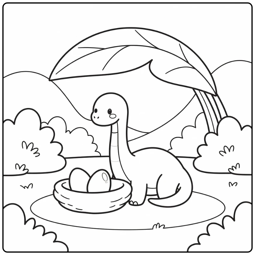 baby brachiosaurus coloring page with curled dino by nest