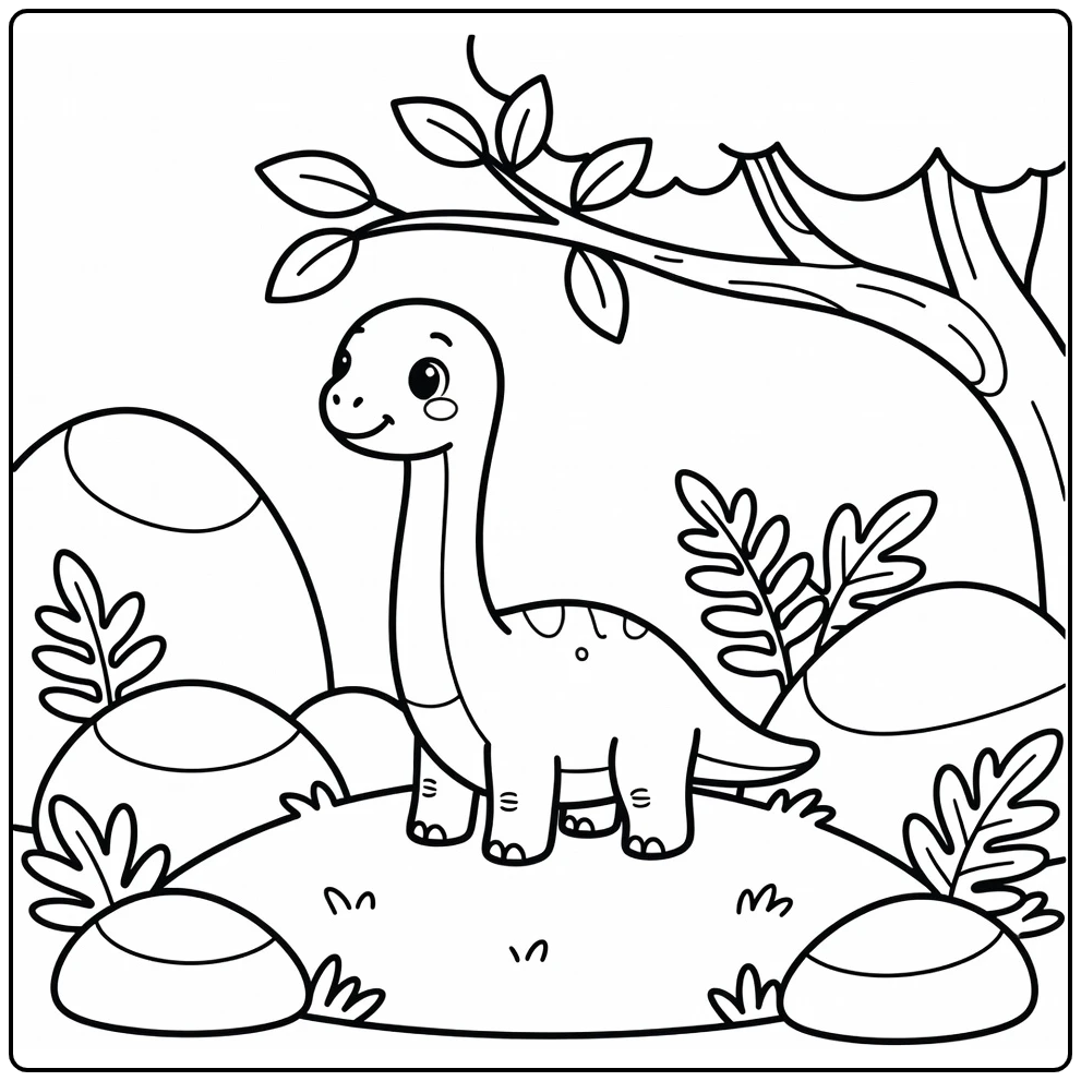 Baby brachiosaurus coloring page with dino reaching for leaves