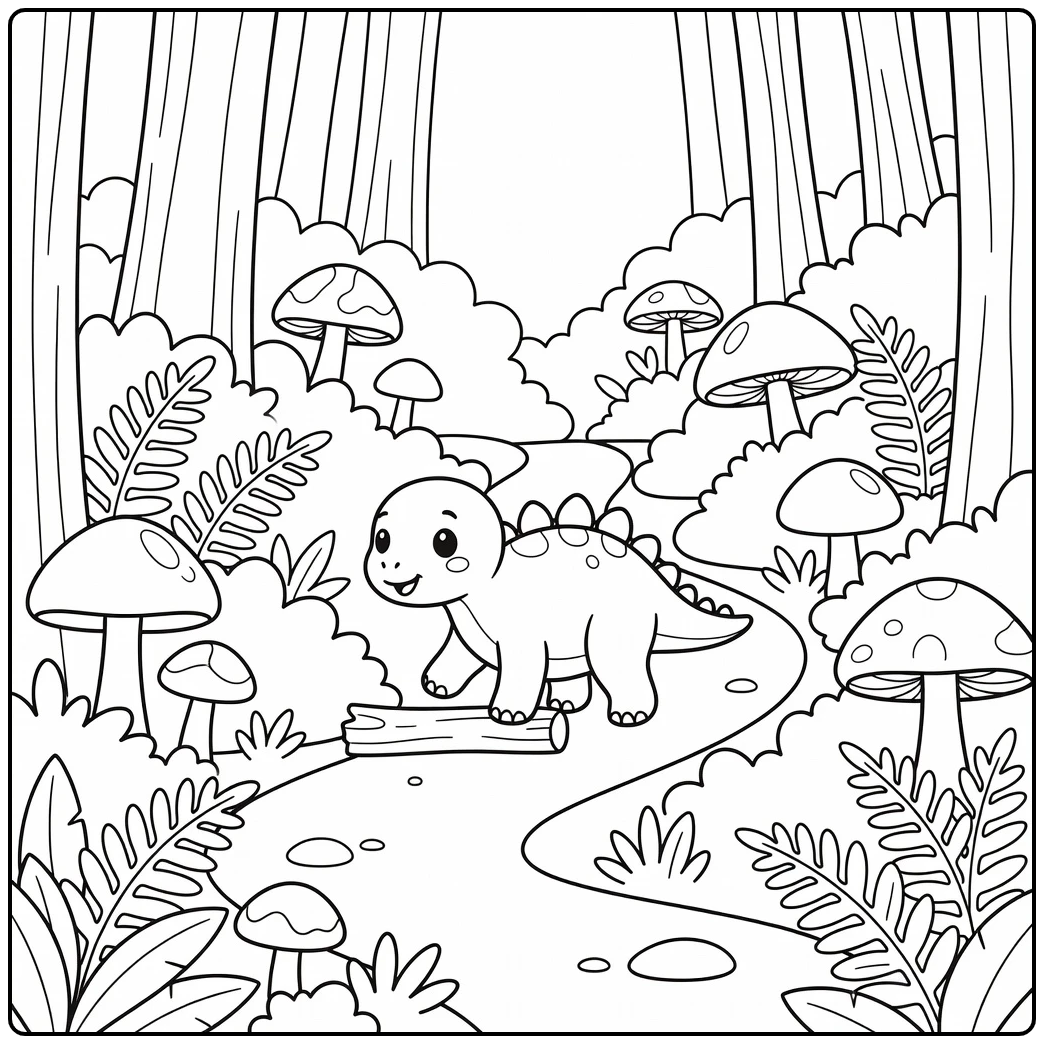 Baby dinosaur coloring page of Stegosaurus in fern forest