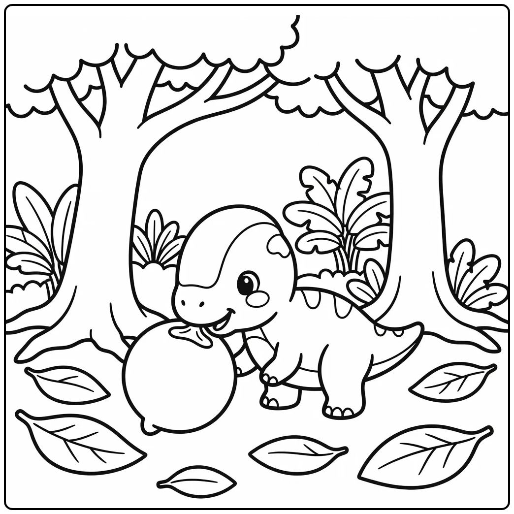Baby dinosaur coloring page with Pachycephalosaurus and seed pod