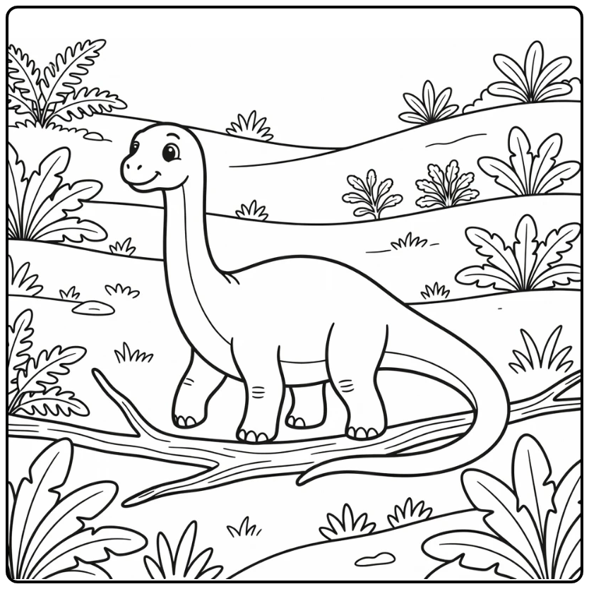 Baby dinosaur coloring page with Diplodocus in meadow