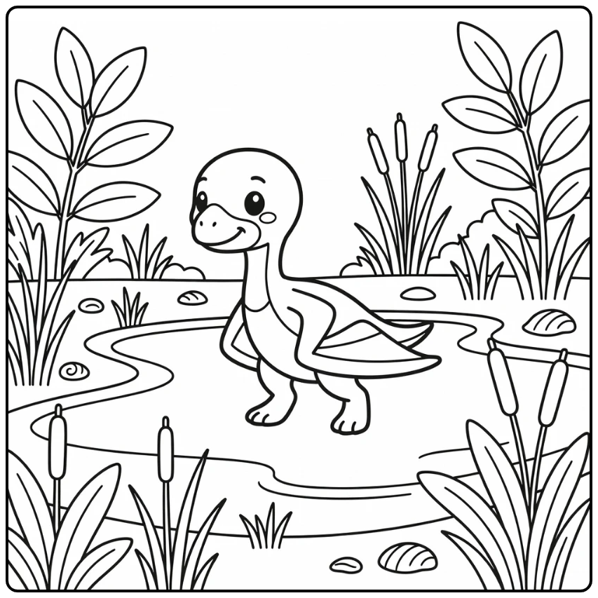 Baby dinosaur coloring page: Quetzalcoatlus by shallow lagoon