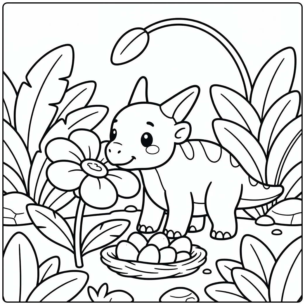 Baby dinosaur coloring page with Styracosaurus sniffing flower