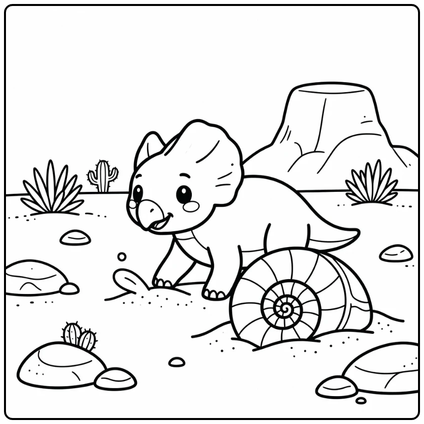 Baby dinosaur coloring page of Protoceratops digging fossil