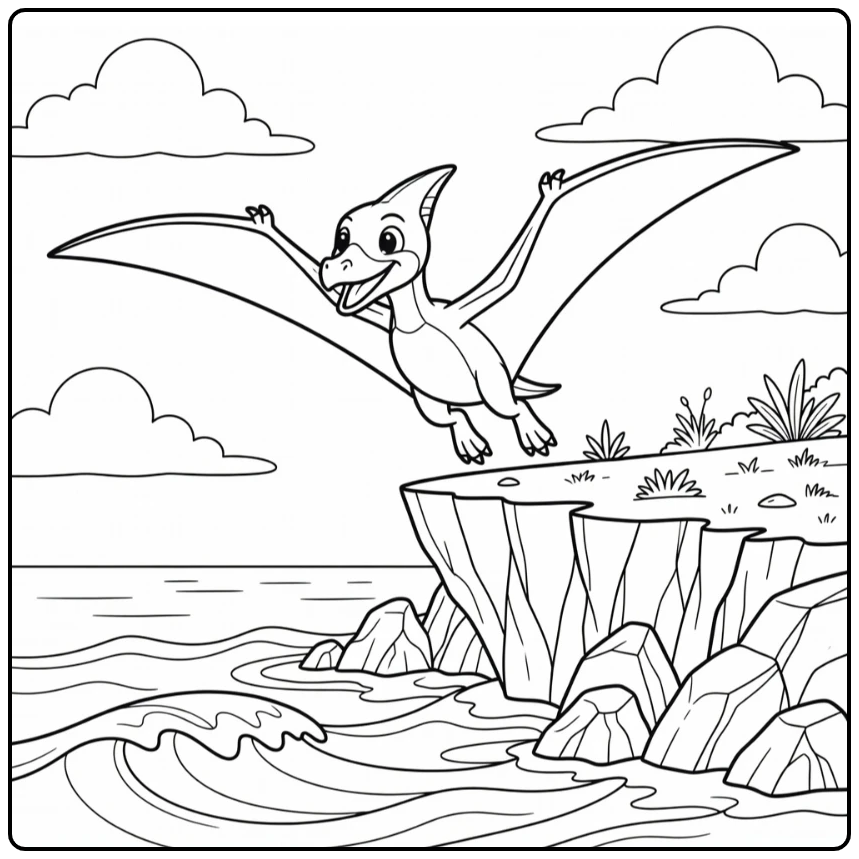 Baby dinosaur coloring page of Pteranodon over seaside cliff