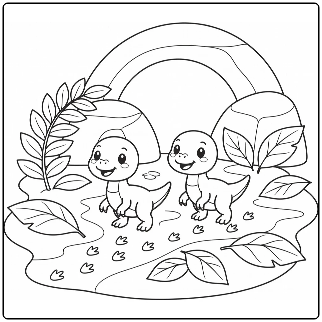 Baby dinosaur coloring page with two baby Velociraptors on footprints
