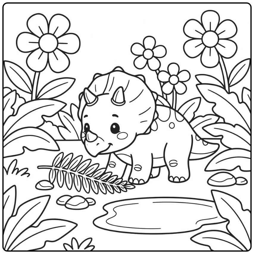 Baby dinosaur coloring page with Triceratops and fern