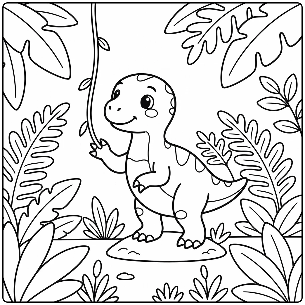 Baby Dinosaur Coloring Page showing Therizinosaurus in jungle