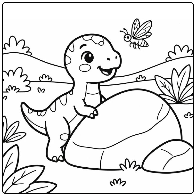 Baby dinosaur coloring page of Carnotaurus peeking at insect
