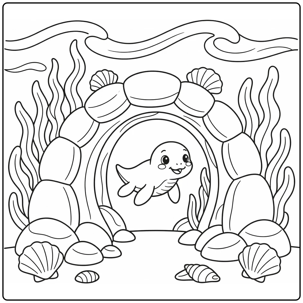 Baby dinosaur coloring page of Ichthyosaurus in rock tunnel