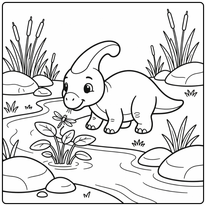 Baby dinosaur coloring page of Parasaurolophus by stream