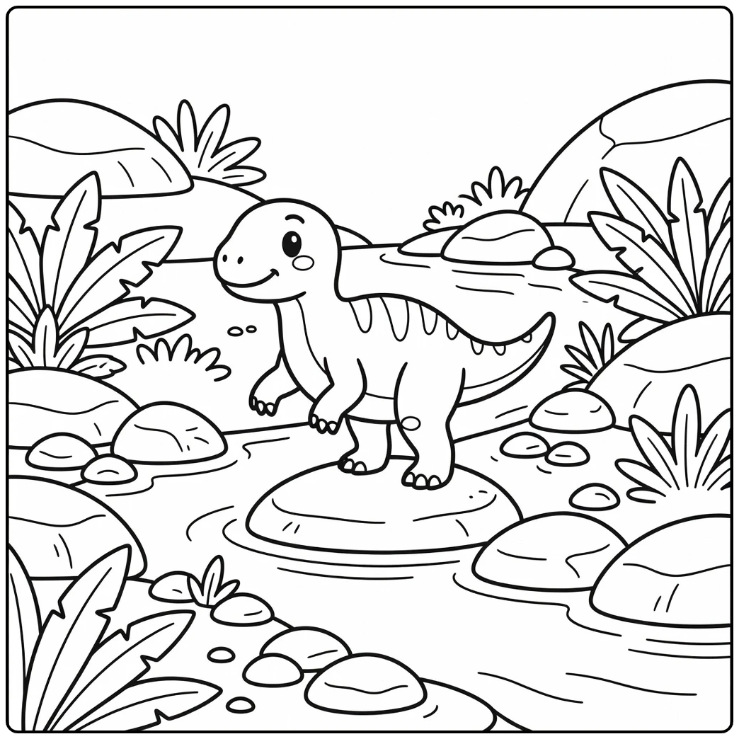 Baby dinosaur coloring page of Iguanodon crossing creek