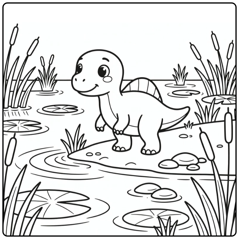 Baby dinosaur coloring page of Spinosaurus at marsh edge